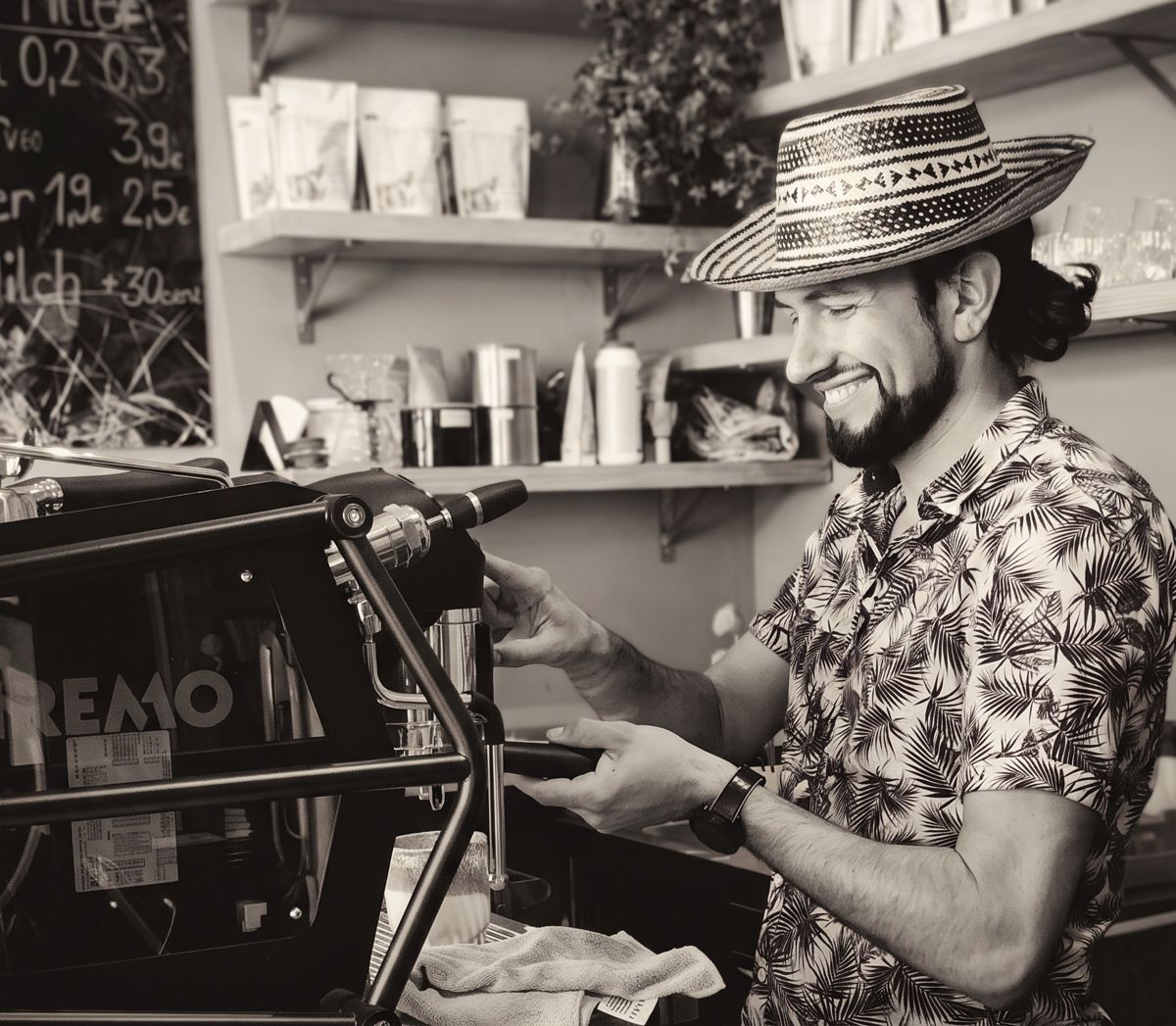 Michael Timofeev at an espresso machine in his former café Gallery 4 in Cologne