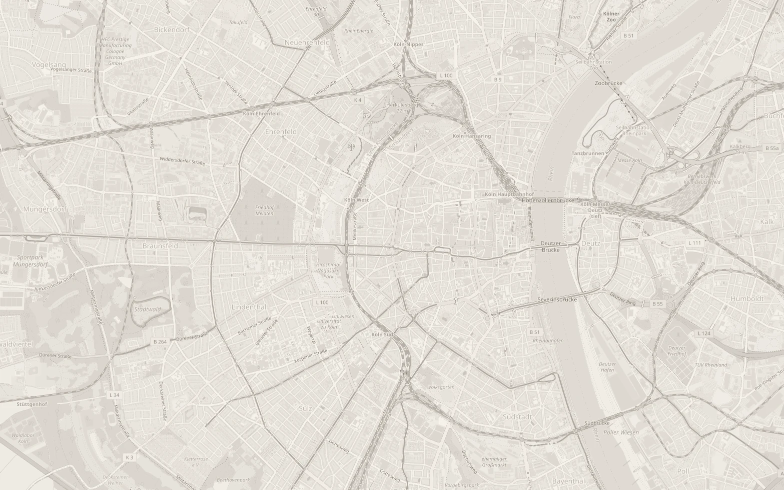 Map of Cologne with the twelve cafés as numbered dots