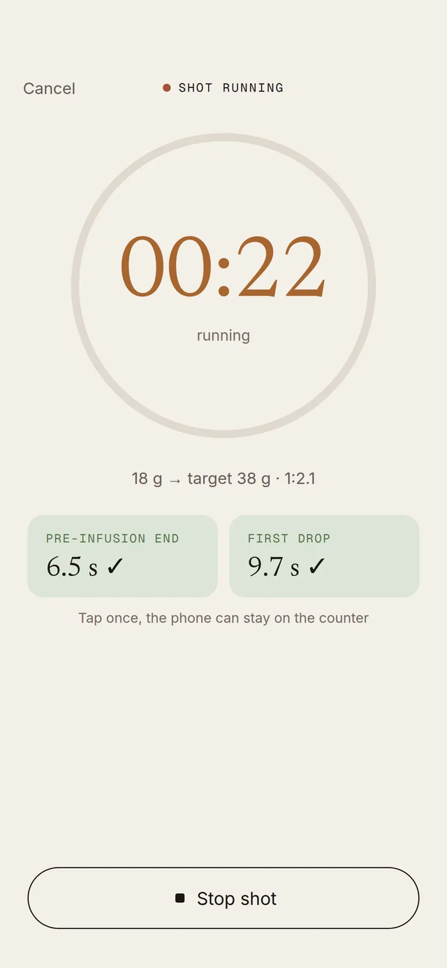 Shotbook: espresso shot mode with a running timer